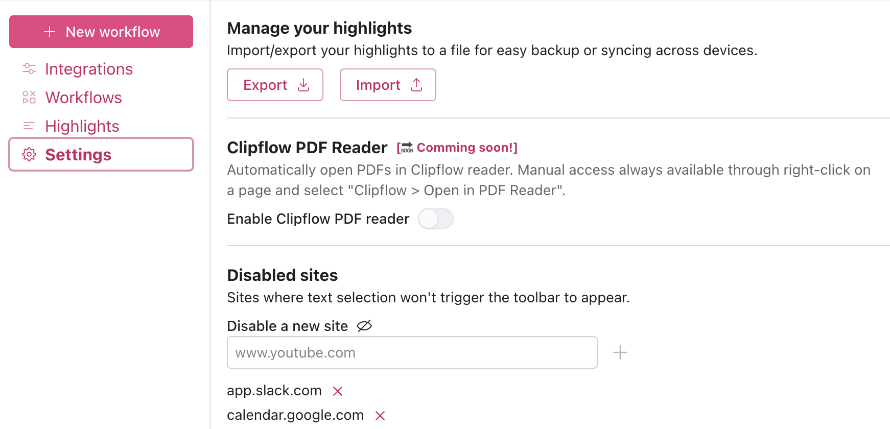 The Clipflow settings page